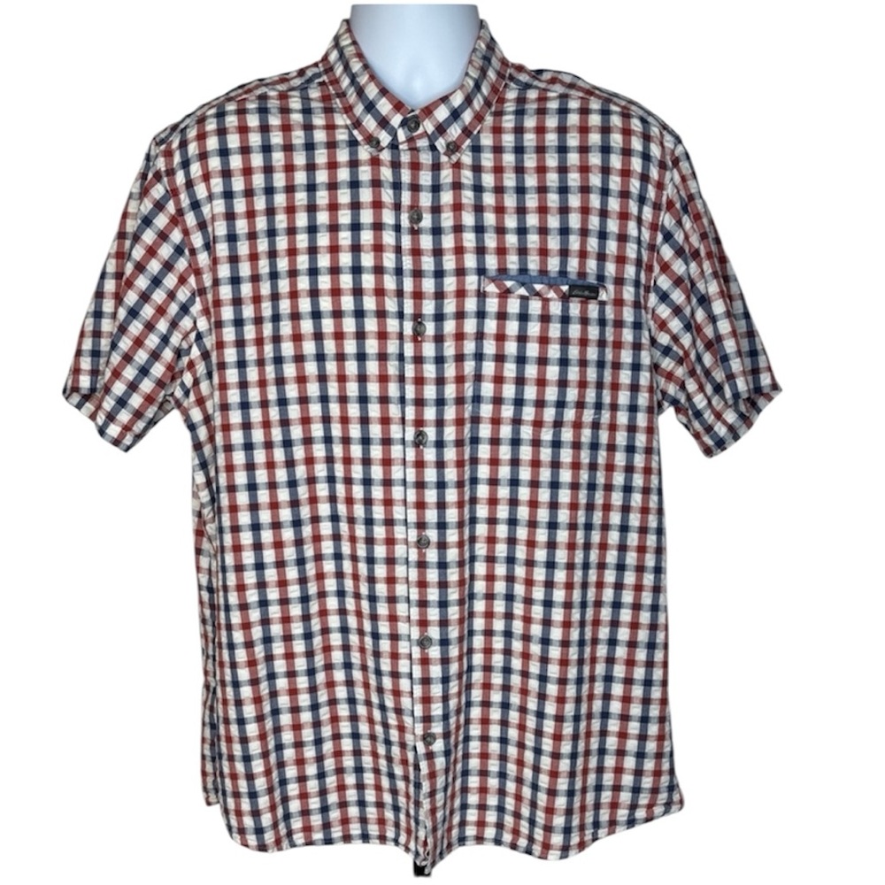 Eddie Bauer Red and Blue Plaid Seersucker Short Sleeve Button Shirt